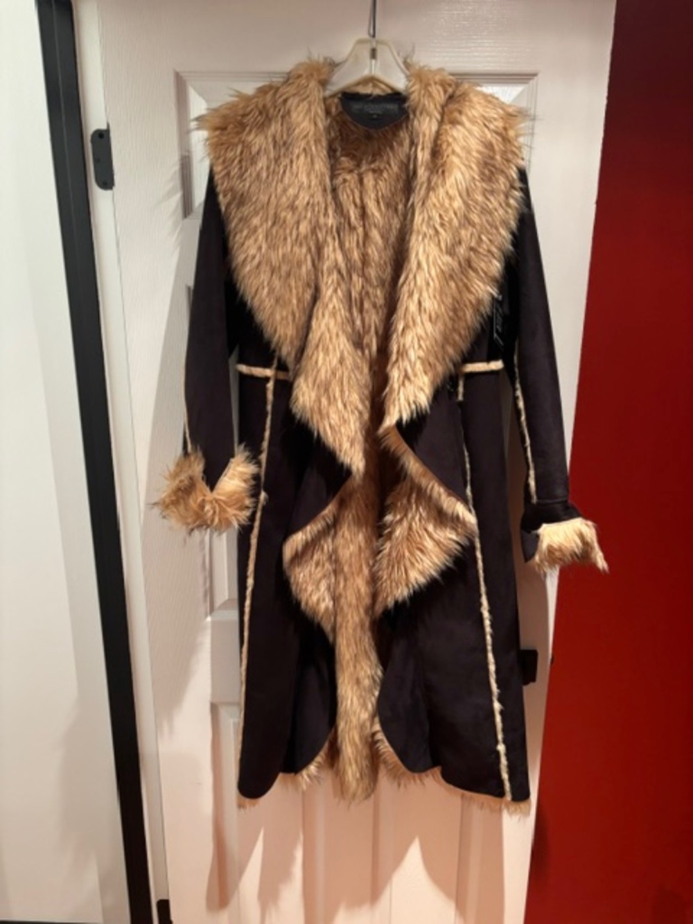 Brand new Boston Proper full length dark brown faux suede and tan faux fur coat